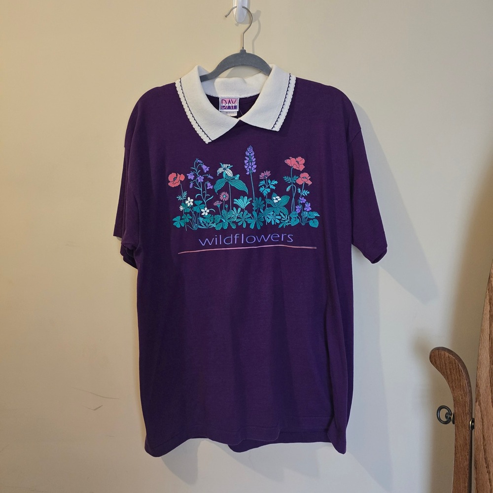 Vintage Daybreak Purple Wildflower Polo Shirt Scalloped Collar Made in USA 1X